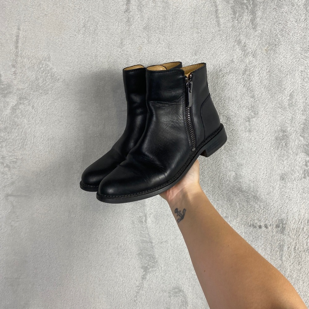 Franco Sarto Harmona Black Leather Ankle Boots Low Block Heel Side Zip 8.5M